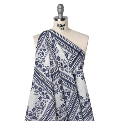 Crinkled Cotton Gauzy Woven - White and Navy Blue Floral Embroidery Squares - Mood Exclusive Porcelain Petals Print