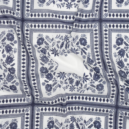 Crinkled Cotton Gauzy Woven - White and Navy Blue Floral Embroidery Squares - Mood Exclusive Porcelain Petals Print