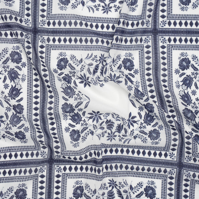 Crinkled Cotton Gauzy Woven - White and Navy Blue Floral Embroidery Squares - Mood Exclusive Porcelain Petals Print