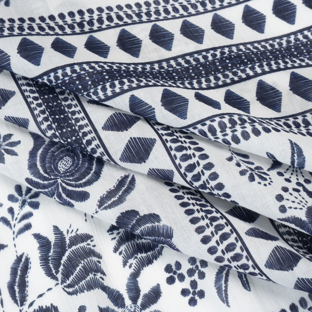 Crinkled Cotton Gauzy Woven Panel - White and Navy Blue Big Floral Embroidery Squares - Mood Exclusive Porcelain Petals Print - Folded