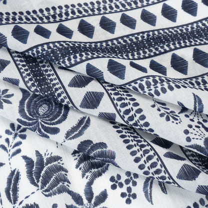 Crinkled Cotton Gauzy Woven Panel - White and Navy Blue Big Floral Embroidery Squares - Mood Exclusive Porcelain Petals Print