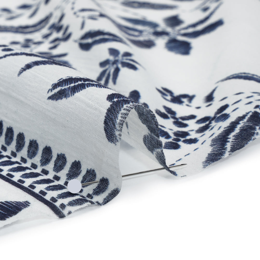 Crinkled Cotton Gauzy Woven Panel - White and Navy Blue Big Floral Embroidery Squares - Mood Exclusive Porcelain Petals Print - Detail