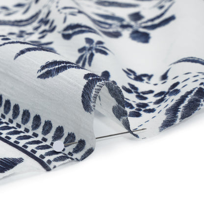 Crinkled Cotton Gauzy Woven Panel - White and Navy Blue Big Floral Embroidery Squares - Mood Exclusive Porcelain Petals Print