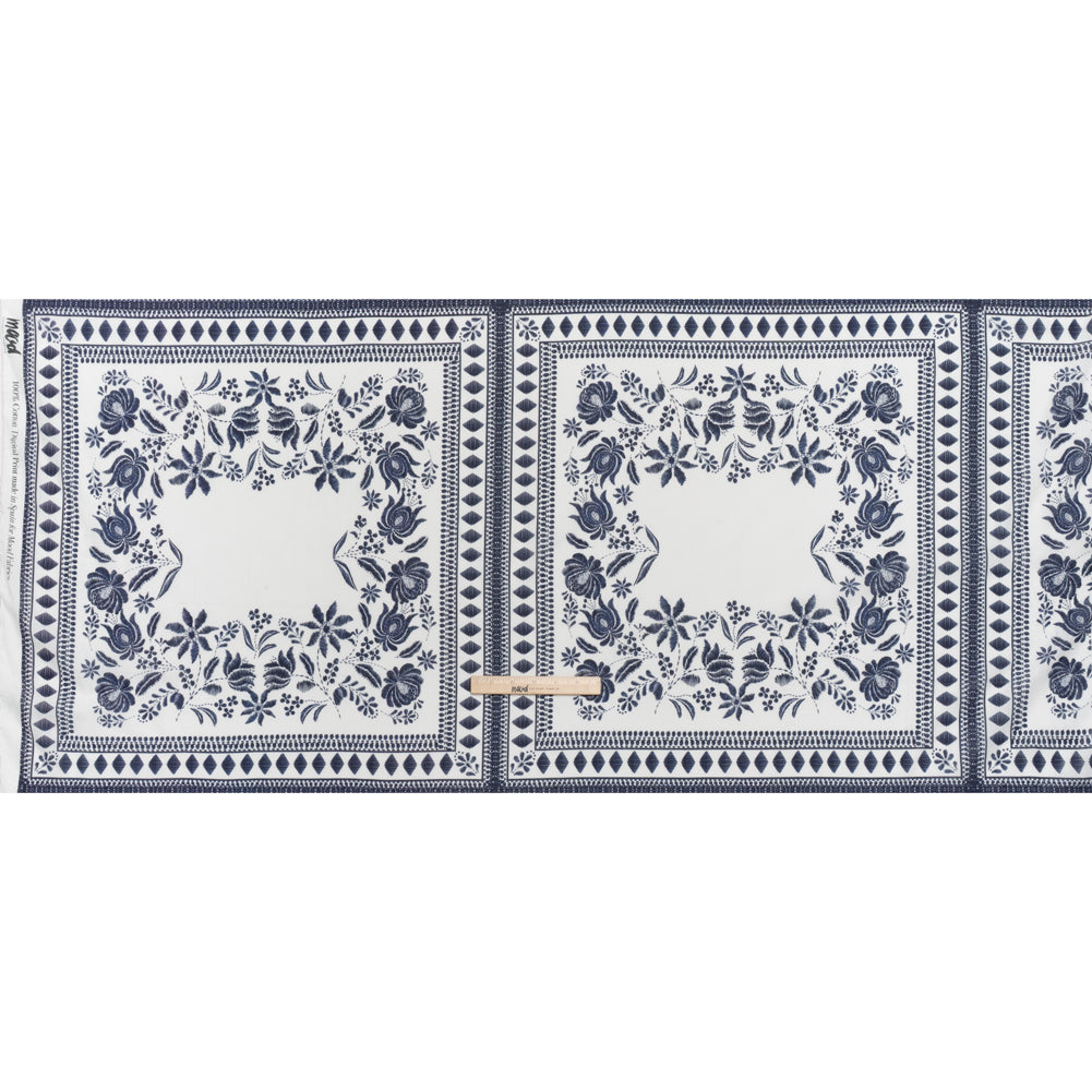 Crinkled Cotton Gauzy Woven Panel - White and Navy Blue Big Floral Embroidery Squares - Mood Exclusive Porcelain Petals Print - Full