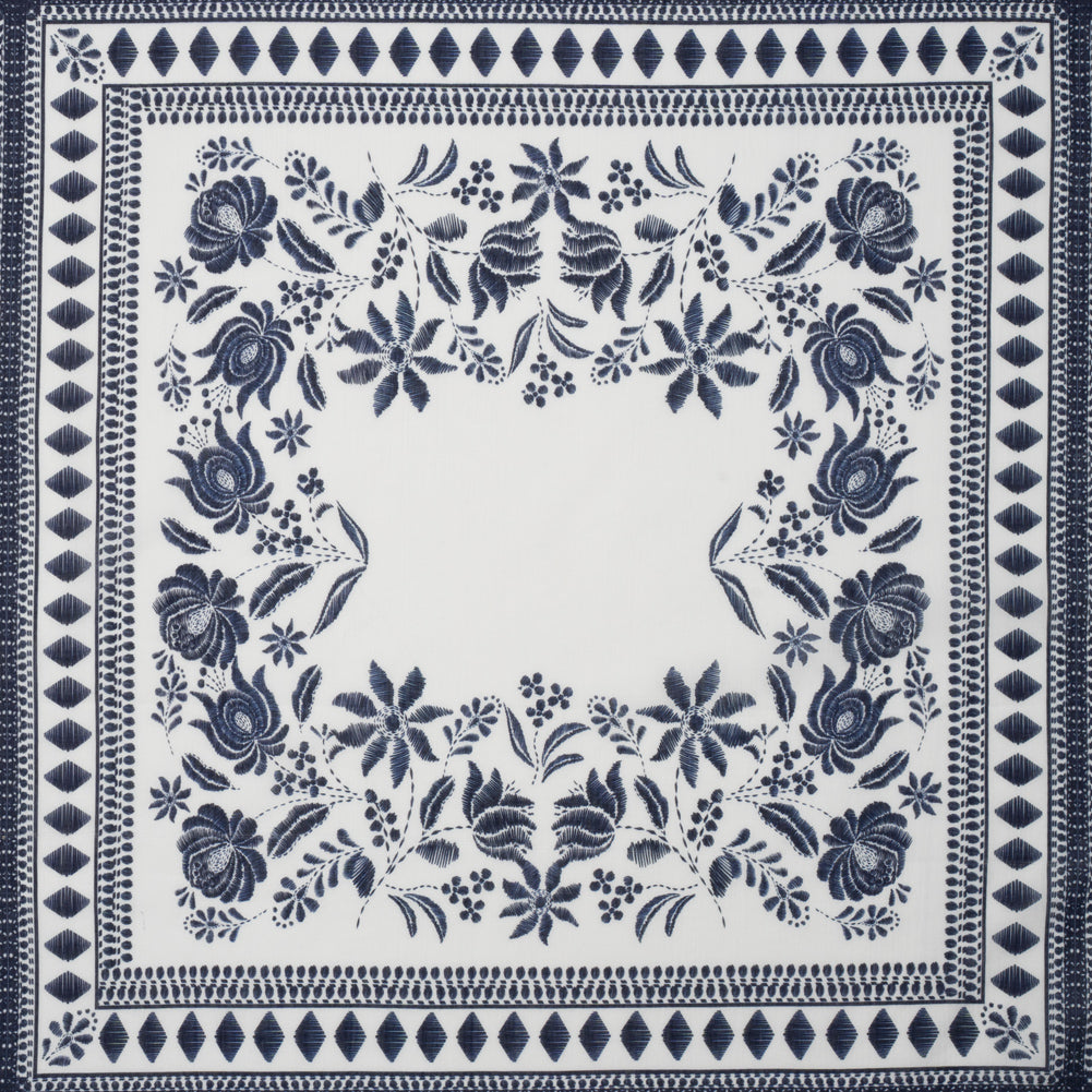 Crinkled Cotton Gauzy Woven Panel - White and Navy Blue Big Floral Embroidery Squares - Mood Exclusive Porcelain Petals Print