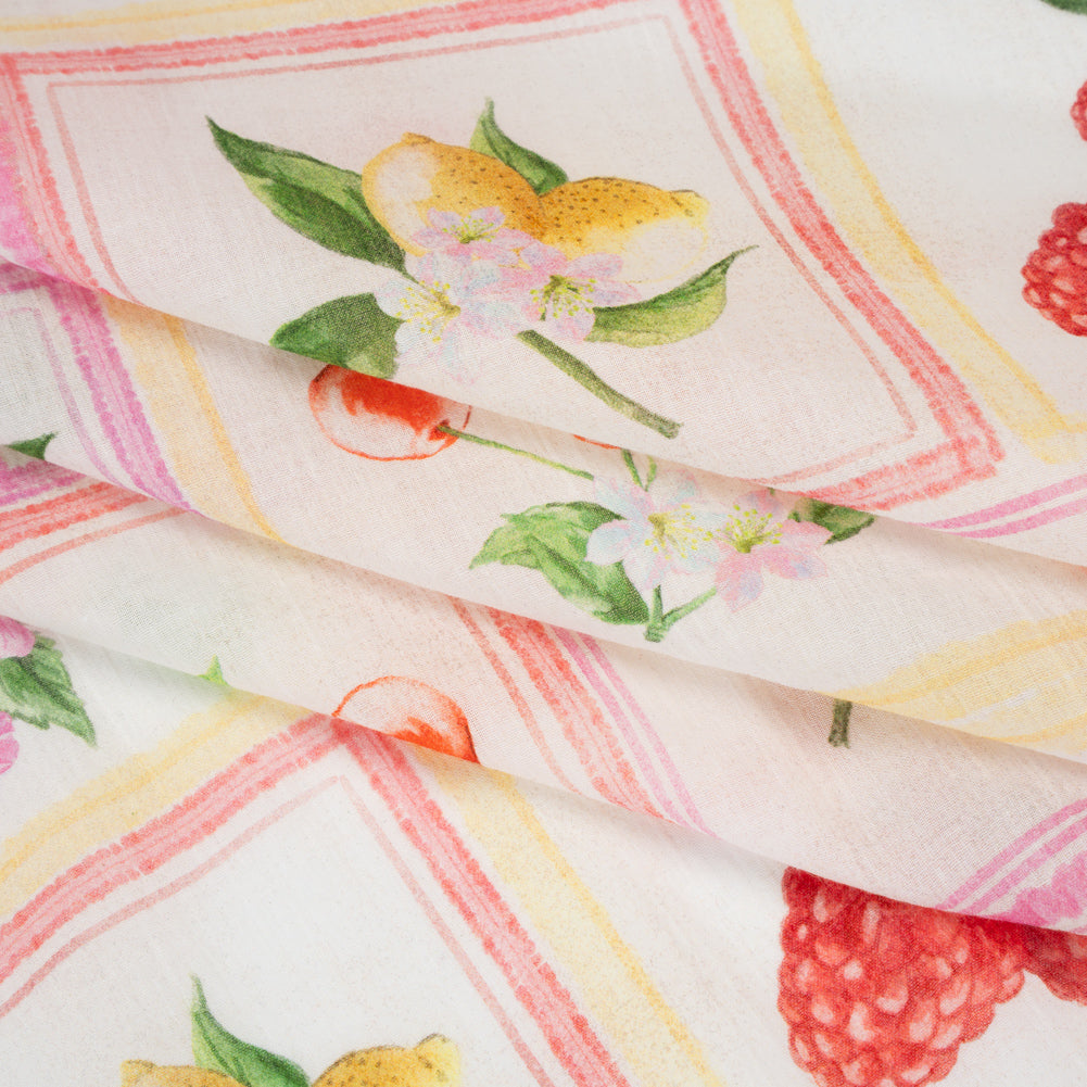 Crinkled Cotton Gauzy Woven - Pink, Yellow and Red Fruit and Blossoms Squares - Mood Exclusive Summer Medley Print - Folded