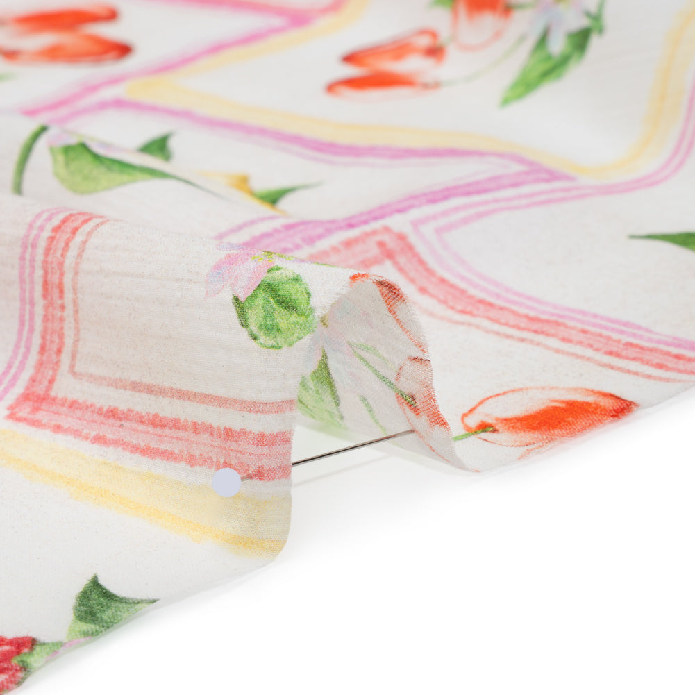 Crinkled Cotton Gauzy Woven - Pink, Yellow and Red Fruit and Blossoms Squares - Mood Exclusive Summer Medley Print - Detail