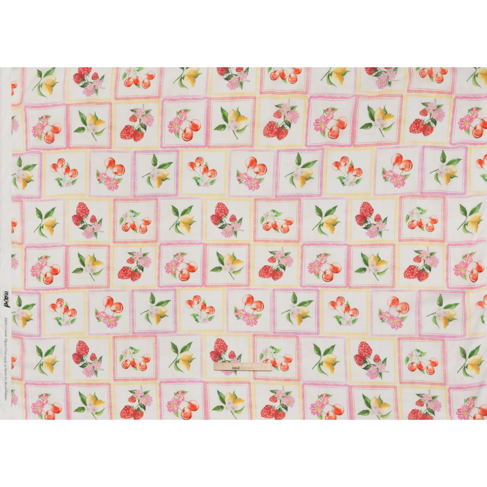 Crinkled Cotton Gauzy Woven - Pink, Yellow and Red Fruit and Blossoms Squares - Mood Exclusive Summer Medley Print - Full