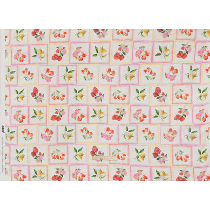 Crinkled Cotton Gauzy Woven - Pink, Yellow and Red Fruit and Blossoms Squares - Mood Exclusive Summer Medley Print