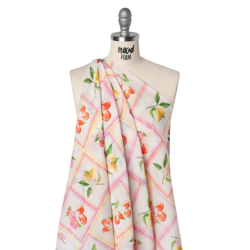 Crinkled Cotton Gauzy Woven - Pink, Yellow and Red Fruit and Blossoms Squares - Mood Exclusive Summer Medley Print - Drape
