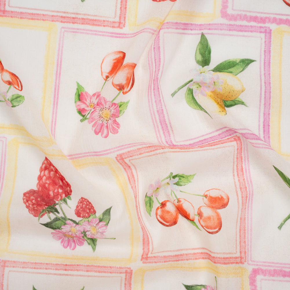 Crinkled Cotton Gauzy Woven - Pink, Yellow and Red Fruit and Blossoms Squares - Mood Exclusive Summer Medley Print