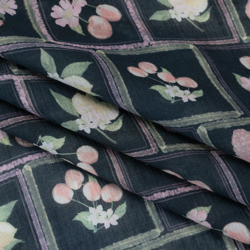 Crinkled Cotton Gauzy Woven - Pink, Yellow and Navy Fruit and Flowers in Frames - Mood Exclusive Summer Medley Print Folded