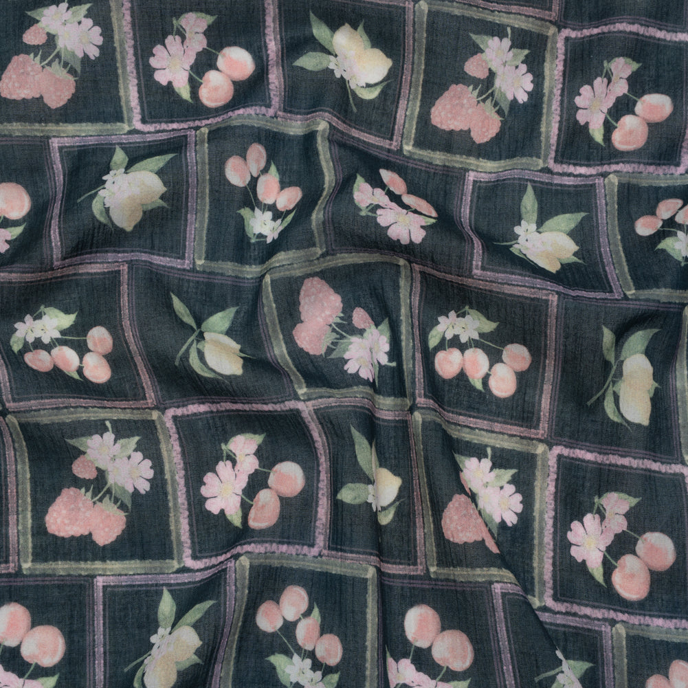 Crinkled Cotton Gauzy Woven - Pink, Yellow and Navy Fruit and Flowers in Frames - Mood Exclusive Summer Medley Print