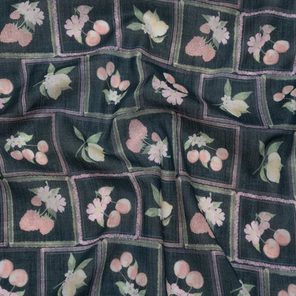 Crinkled Cotton Gauzy Woven - Pink, Yellow and Navy Fruit and Flowers in Frames - Mood Exclusive Summer Medley Print