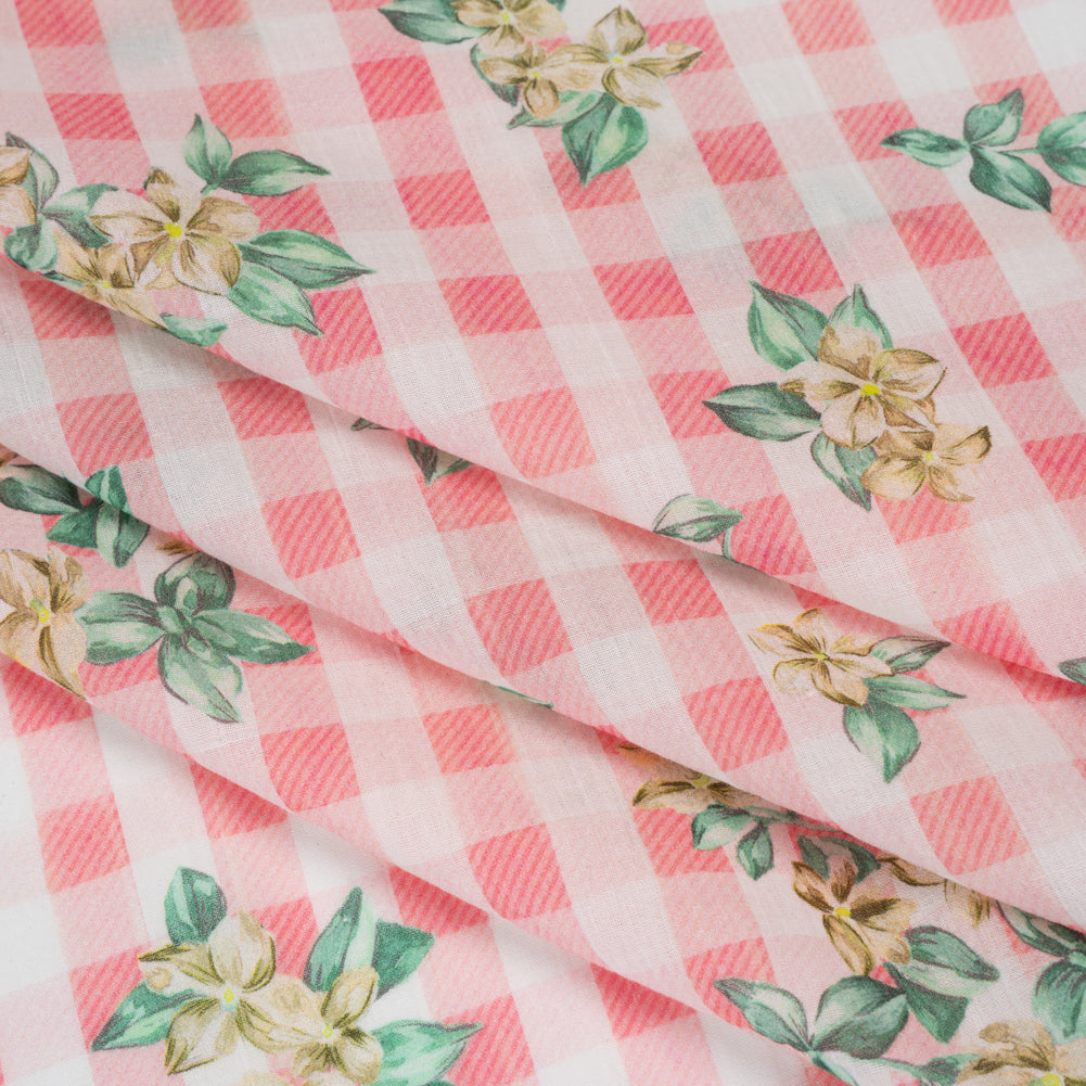Crinkled Cotton Gauzy Woven - Pink, White and Yellow Flowers on Gingham - Mood Exclusive Picnic Petals Print - Folded