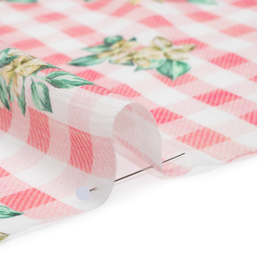 Crinkled Cotton Gauzy Woven - Pink, White and Yellow Flowers on Gingham - Mood Exclusive Picnic Petals Print - Detail