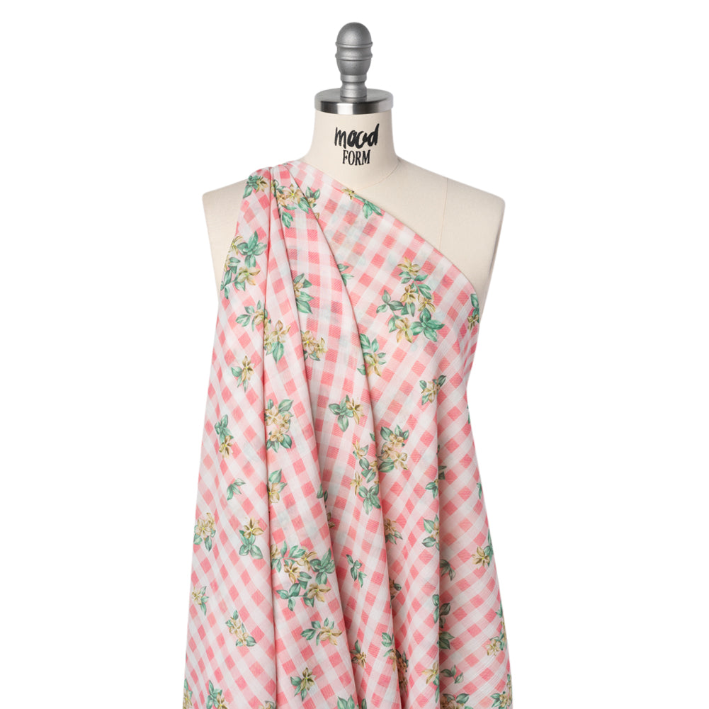 Crinkled Cotton Gauzy Woven - Pink, White and Yellow Flowers on Gingham - Mood Exclusive Picnic Petals Print - Drape