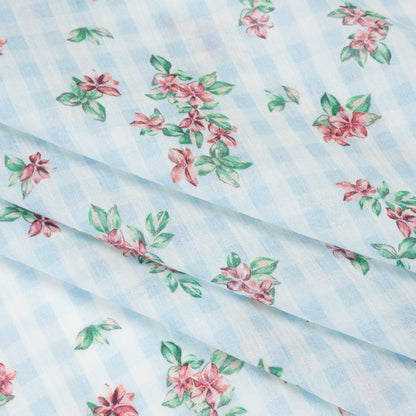 Crinkled Cotton Gauzy Woven - Blue, Pink and Green Flowers on Gingham - Mood Exclusive Picnic Petals Print