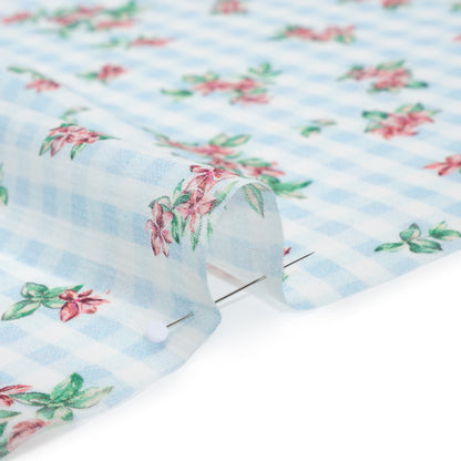 Crinkled Cotton Gauzy Woven - Blue, Pink and Green Flowers on Gingham - Mood Exclusive Picnic Petals Print