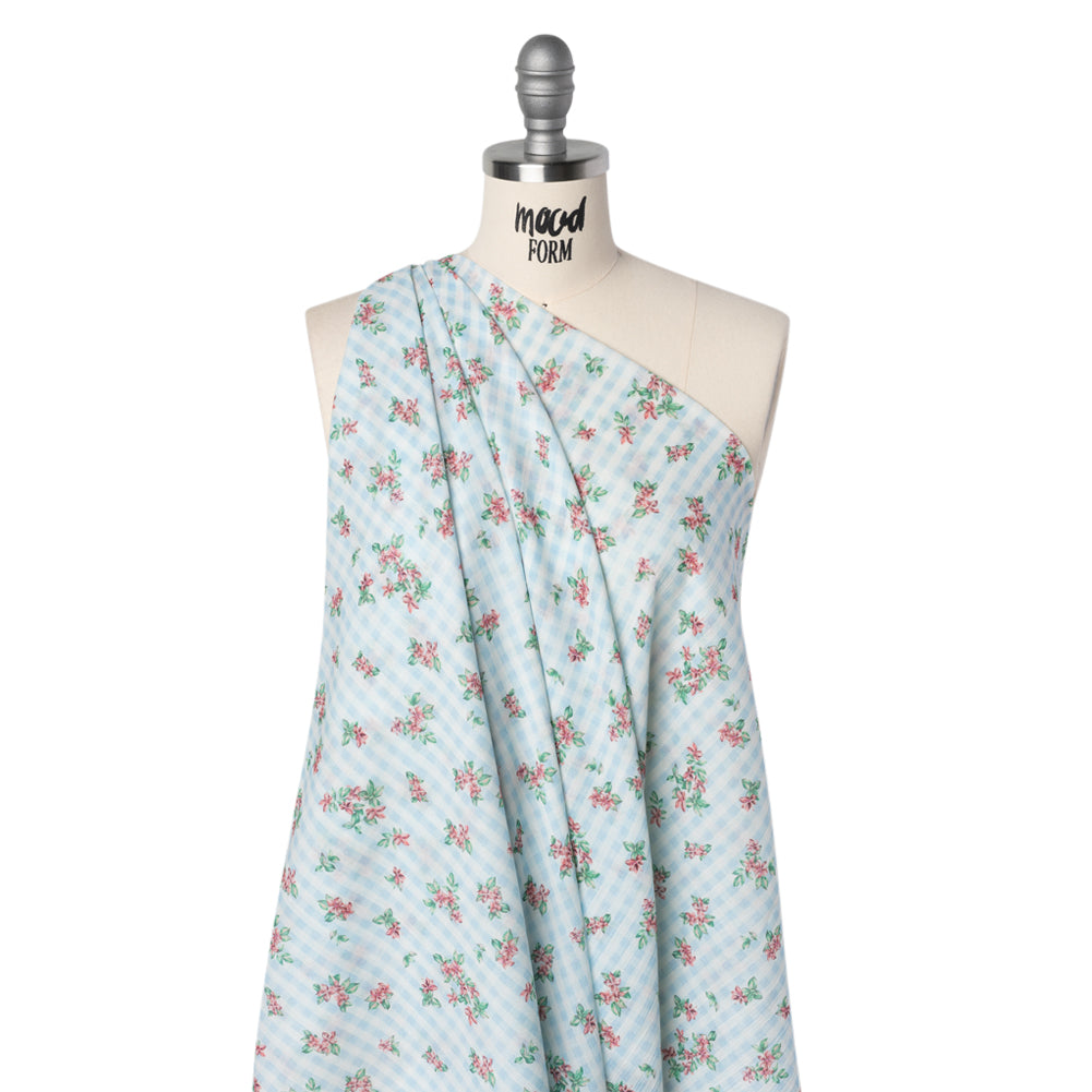 Crinkled Cotton Gauzy Woven - Blue, Pink and Green Flowers on Gingham - Mood Exclusive Picnic Petals Print - Drape