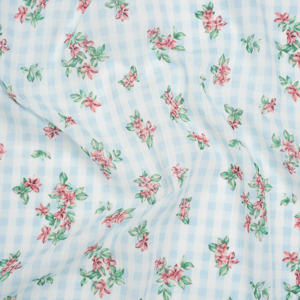 Crinkled Cotton Gauzy Woven - Blue, Pink and Green Flowers on Gingham - Mood Exclusive Picnic Petals Print