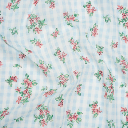 Crinkled Cotton Gauzy Woven - Blue, Pink and Green Flowers on Gingham - Mood Exclusive Picnic Petals Print