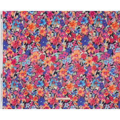 Crinkled Cotton Gauzy Woven - Hot Pink, Ultramarine Blue and Orange Floral - Mood Exclusive Electric Garden Print