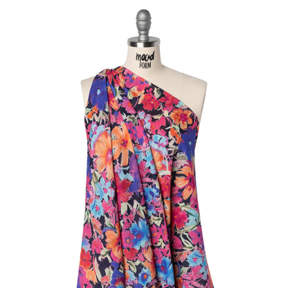 Crinkled Cotton Gauzy Woven - Hot Pink, Ultramarine Blue and Orange Floral - Mood Exclusive Electric Garden Print