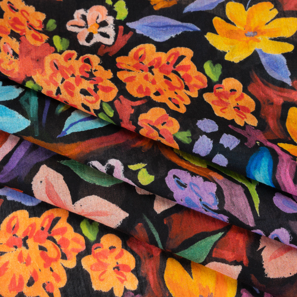 Crinkled Cotton Gauzy Woven - Orange, Green and Purple Painterly Floral - Mood Exclusive Picture Book Petals Print - Folded