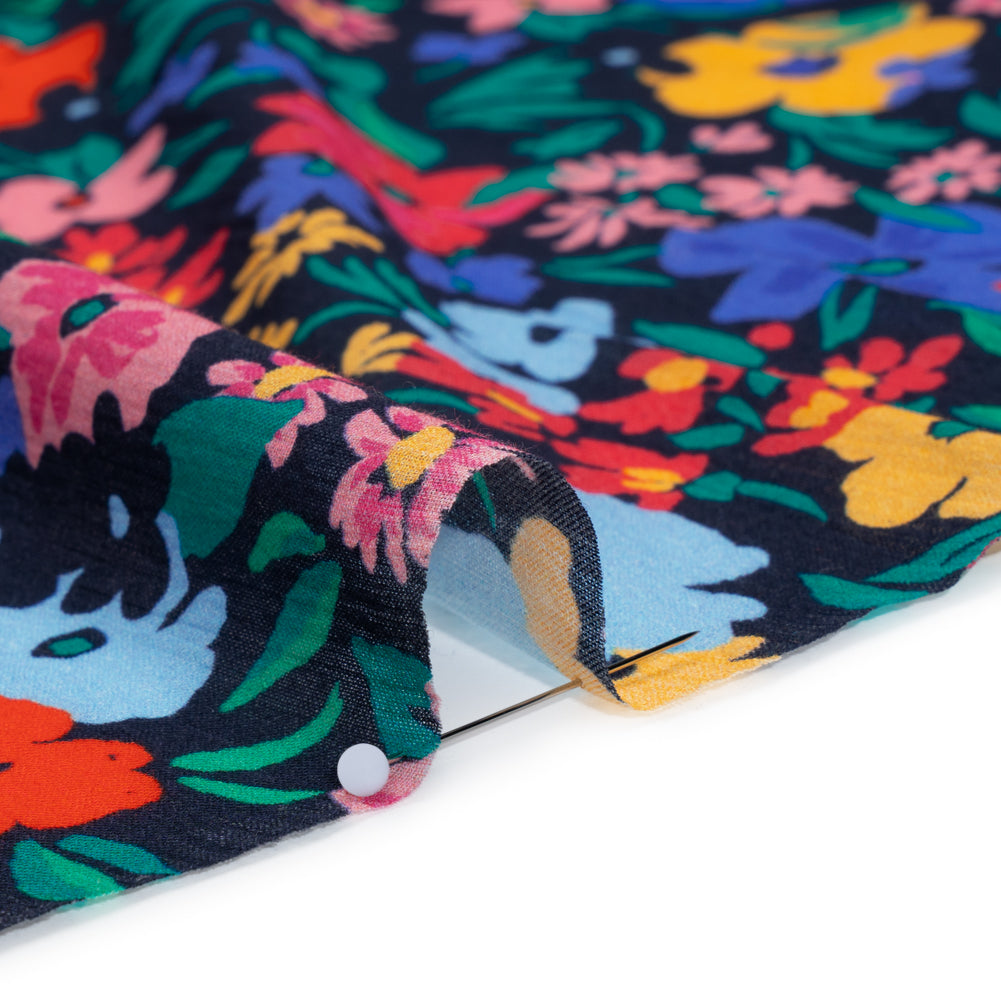Crinkled Cotton Gauzy Woven - Blue, Red and Yellow Floral - Mood Exclusive Storybook Garden Print - Detail
