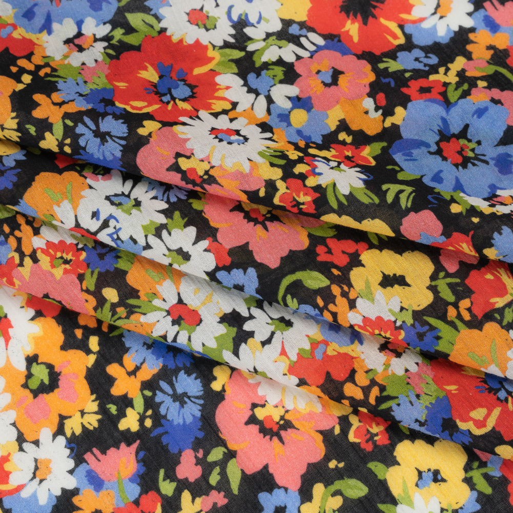 Crinkled Cotton Gauzy Woven - Red, Blue and Orange Bright Flowers - Mood Exclusive Petal Parade Print - Folded