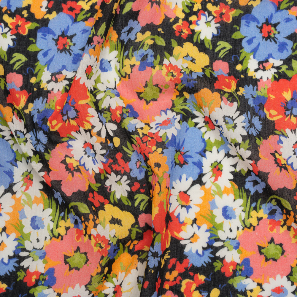 Crinkled Cotton Gauzy Woven - Red, Blue and Orange Bright Flowers - Mood Exclusive Petal Parade Print