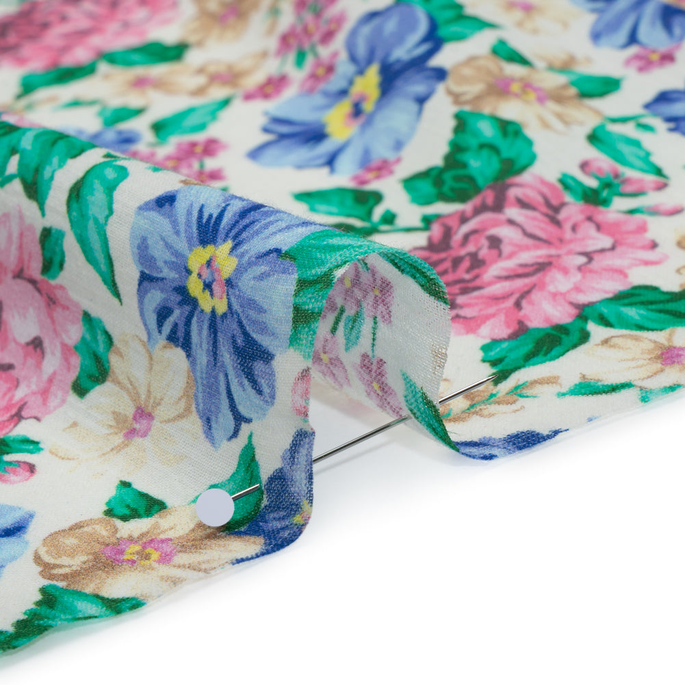 Crinkled Cotton Gauzy Woven - White, Pink and Blue Florals - Mood Exclusive Secret Garden Print - Detail
