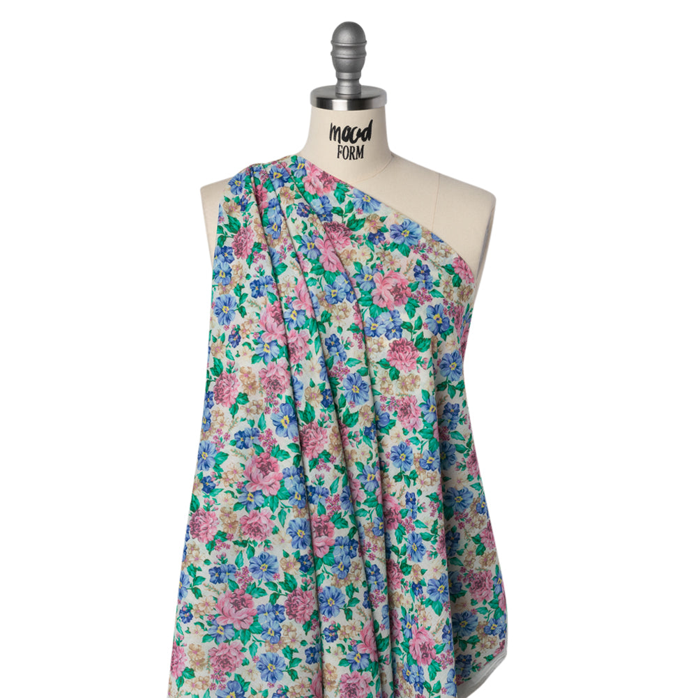 Crinkled Cotton Gauzy Woven - White, Pink and Blue Florals - Mood Exclusive Secret Garden Print - Drape