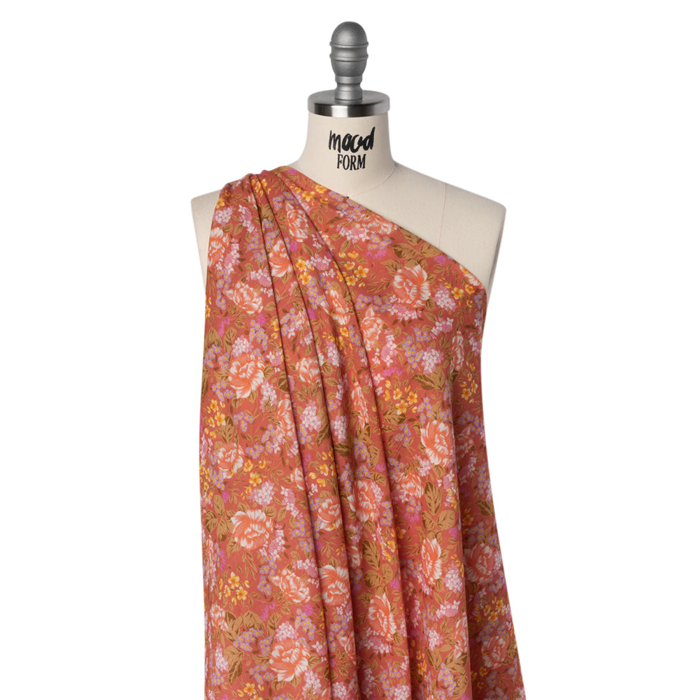 Crinkled Cotton Gauzy Woven - Coral Rose, Pink and Lavender Floral - Mood Exclusive Romantic Reverie Print - Drape