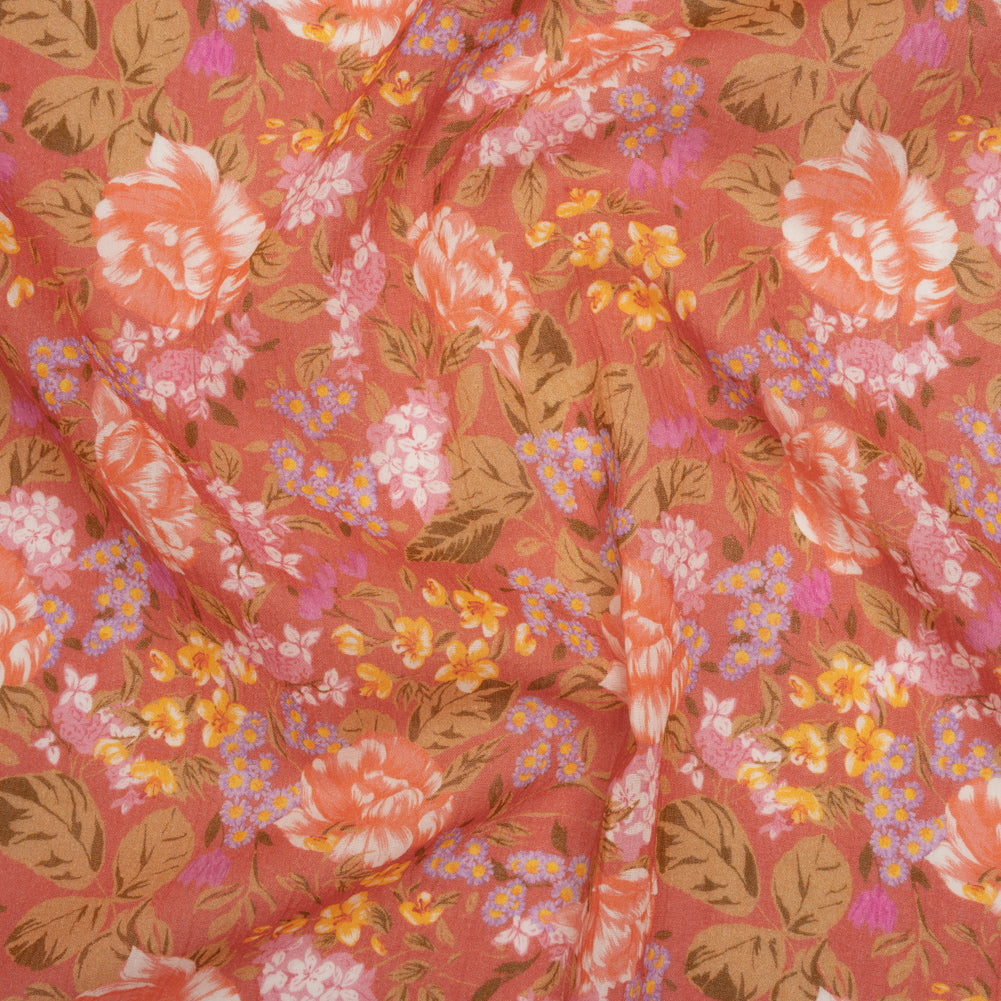 Crinkled Cotton Gauzy Woven - Coral Rose, Pink and Lavender Floral - Mood Exclusive Romantic Reverie Print