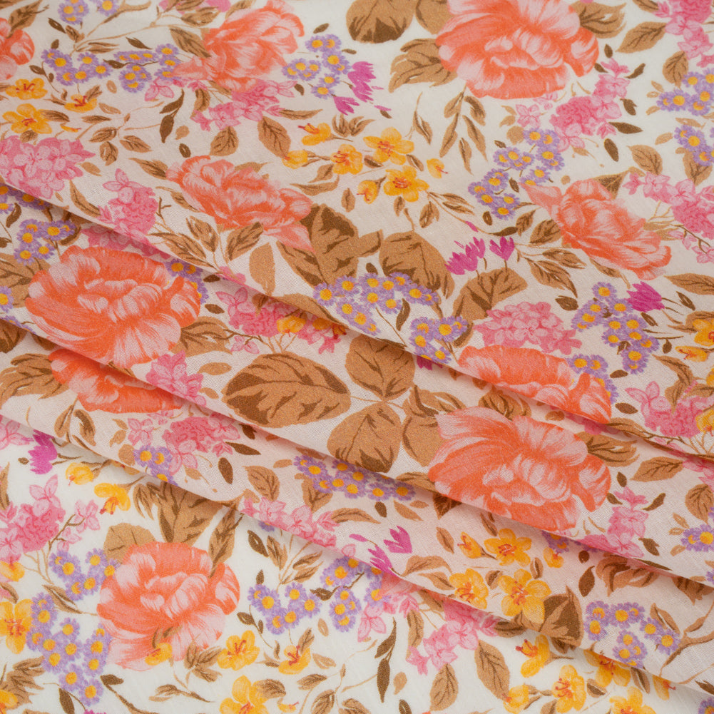 Crinkled Cotton Gauzy Woven - White, Pink and Lavender Floral - Mood Exclusive Romantic Reverie Print - Folded