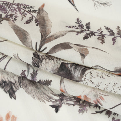 Crinkled Cotton Gauzy Woven - Russet, Aubergine and Black Cranes in the Branches - Mood Exclusive Winged Serenity Print