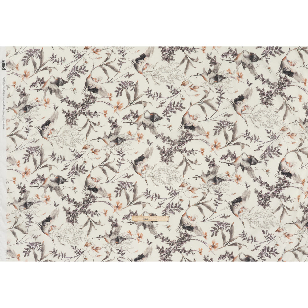 Crinkled Cotton Gauzy Woven - Russet, Aubergine and Black Cranes in the Branches - Mood Exclusive Winged Serenity Print - Full