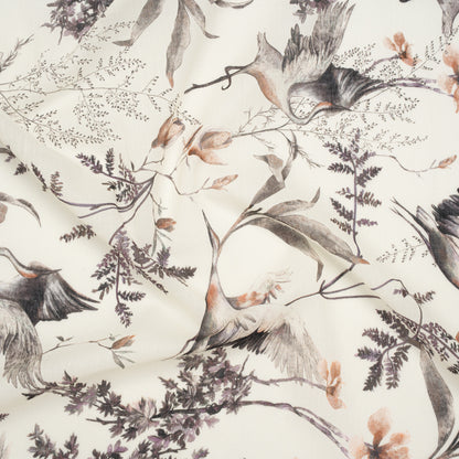 Crinkled Cotton Gauzy Woven - Russet, Aubergine and Black Cranes in the Branches - Mood Exclusive Winged Serenity Print