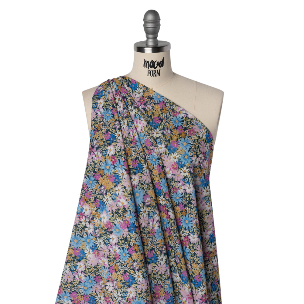 Crinkled Cotton Gauzy Woven - Blue, Light Purple and Golden Yellow Floral - Mood Exclusive Dandy Daisy Print - Drape