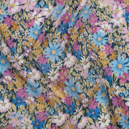 Crinkled Cotton Gauzy Woven - Blue, Light Purple and Golden Yellow Floral - Mood Exclusive Dandy Daisy Print