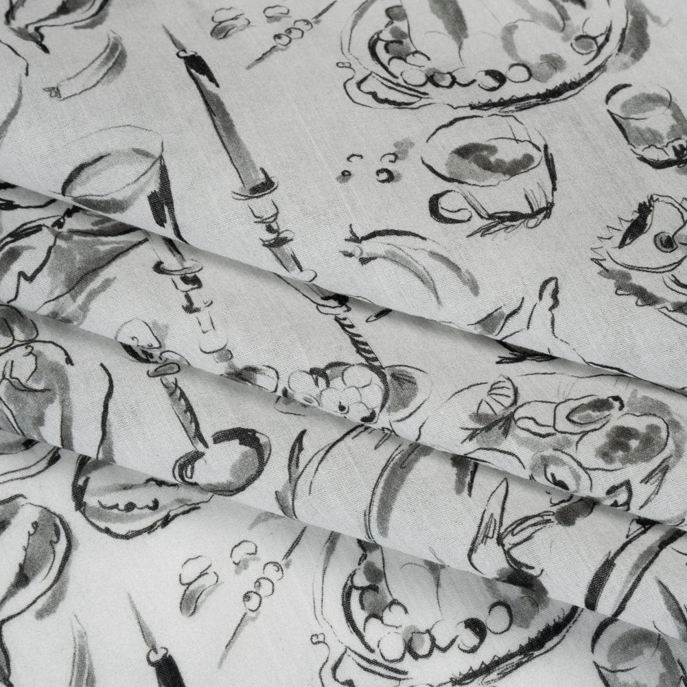 Crinkled Cotton Gauzy Woven - Black, White and Gray Food Sketches - Mood Exclusive Dinner Party Print - Folded