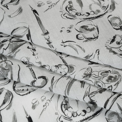 Crinkled Cotton Gauzy Woven - Black, White and Gray Food Sketches - Mood Exclusive Dinner Party Print