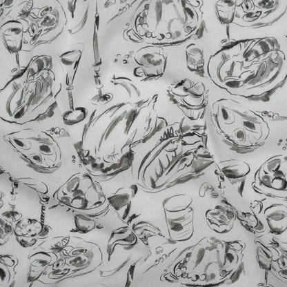 Crinkled Cotton Gauzy Woven - Black, White and Gray Food Sketches - Mood Exclusive Dinner Party Print