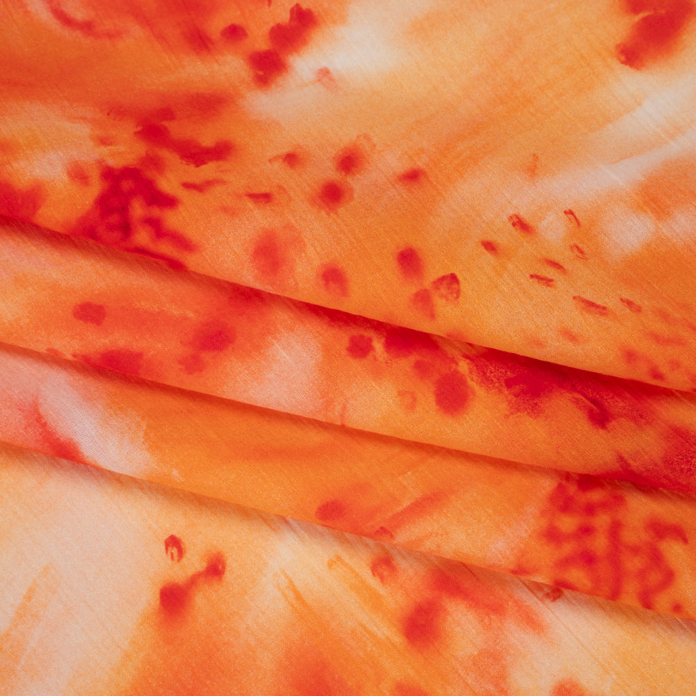Crinkled Cotton Gauzy Woven - Bright Orange and Red Splashes and Spots - Mood Exclusive Solar Flare Print - Folded