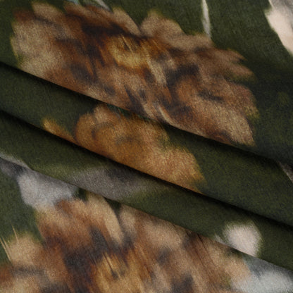 Crinkled Cotton Gauzy Woven - Olive Green, Tan and Gray Hazy Ikat Flowers - Mood Exclusive Blurred Blooms Print Folded