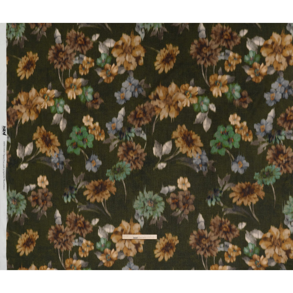 Crinkled Cotton Gauzy Woven - Olive Green, Tan and Gray Hazy Ikat Flowers - Mood Exclusive Blurred Blooms Print - Full