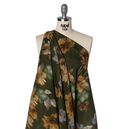 Crinkled Cotton Gauzy Woven - Olive Green, Tan and Gray Hazy Ikat Flowers - Mood Exclusive Blurred Blooms Print Drape