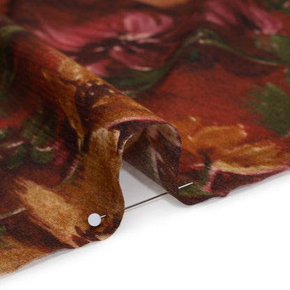 Crinkled Cotton Gauzy Woven - Burgundy, Yellow Ochre and Green Painterly Ikat Floral - Mood Exclusive Cabernet Crocus Print